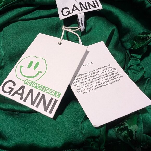 Ganni | Twisted Sequined Satin Mini Dress In Kelly Green - Picture 7 of 15